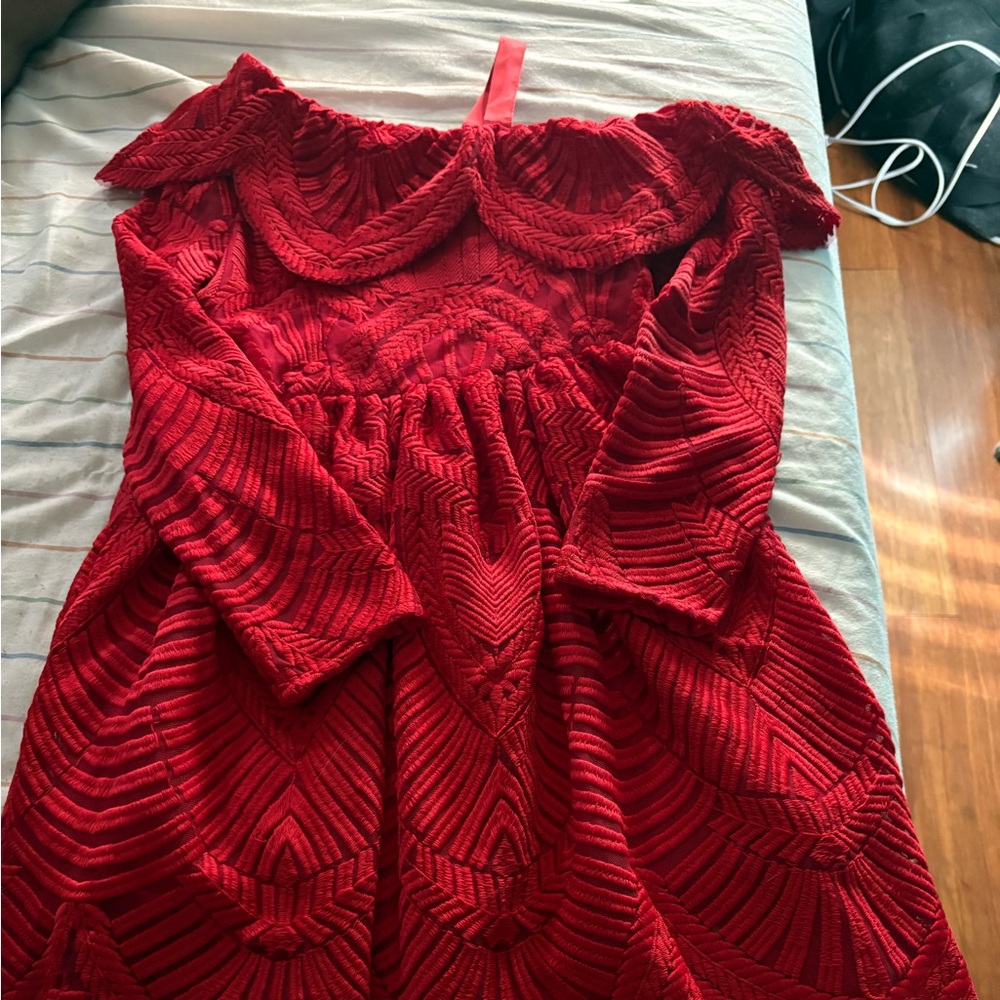 Bardot Red Fit and Flare Dress with Bishop Sleeves